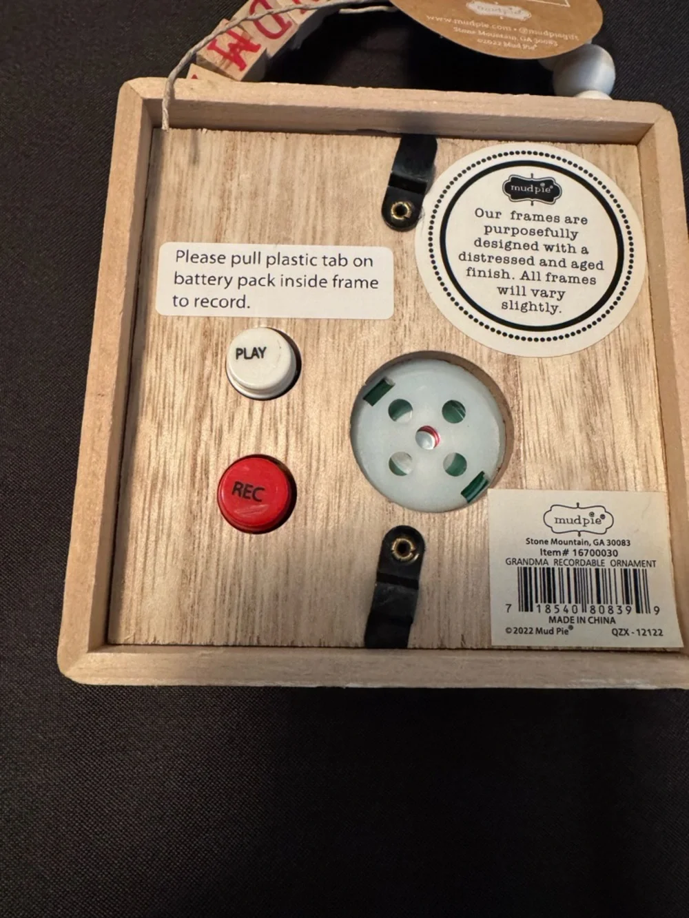 Mud Pie Grandma Recordable Photo Ornament Wooden Beaded Farmhouse Frame Gift